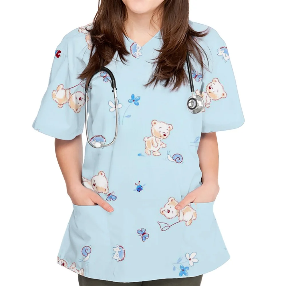 

Women's T-shirts V-Neck Working Uniform for Women Cute dinosaur 3D Print Tops Cute Animal Nurse Uniform Blouse Pocket Workwear