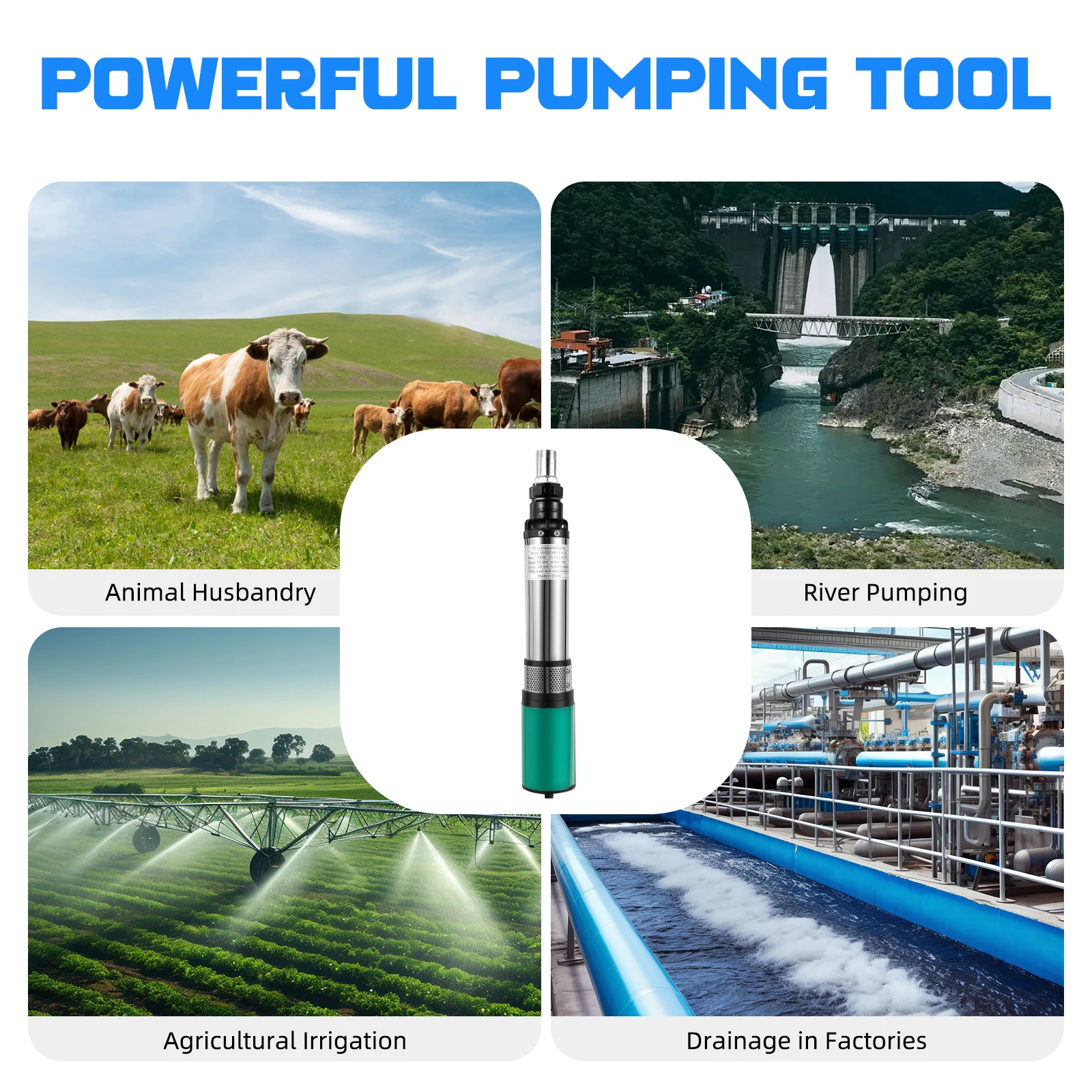 Deep Well Submersible Pump 320W Electric Solar Powered Water Pump, Farm Ranch Irrigation Submersible Bore Hole Deep Well Pump