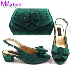 Fashion New Coming 2024 Comfortable Low Heels Special Italian Design Shoes and Bag to Match in Dark Green Color For Party