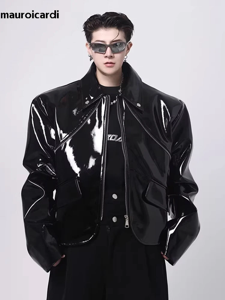 Mauroicardi Spring Autumn Cool Loose Short Black Shiny Reflective Patent Faux Leather Jacket Men Zipper Luxury Designer Clothes