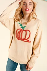 Halloween Pumpkin Pattern Embroidered Knitted Women's Pullovers Apricot Fashion Autumn Winter Sweater