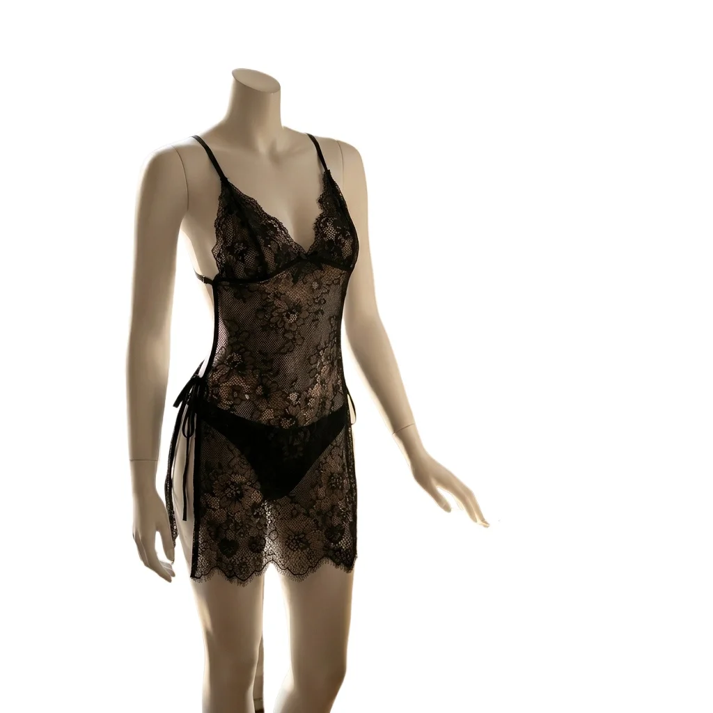 Women's Blac KFloral Lace Babydoll Lingerie, Sheer V Neck Nightgown with Side Tie and Backless Design, Romantic Sleepwear