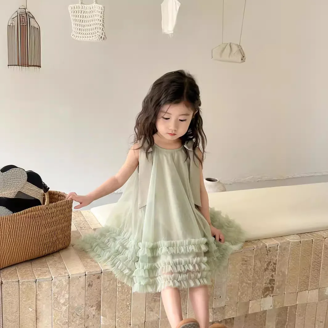 

2024 Summer New Girl's Bow Dress Children's Green Princess Dress Girl Tank Top Dress Kids Clothes for Girls