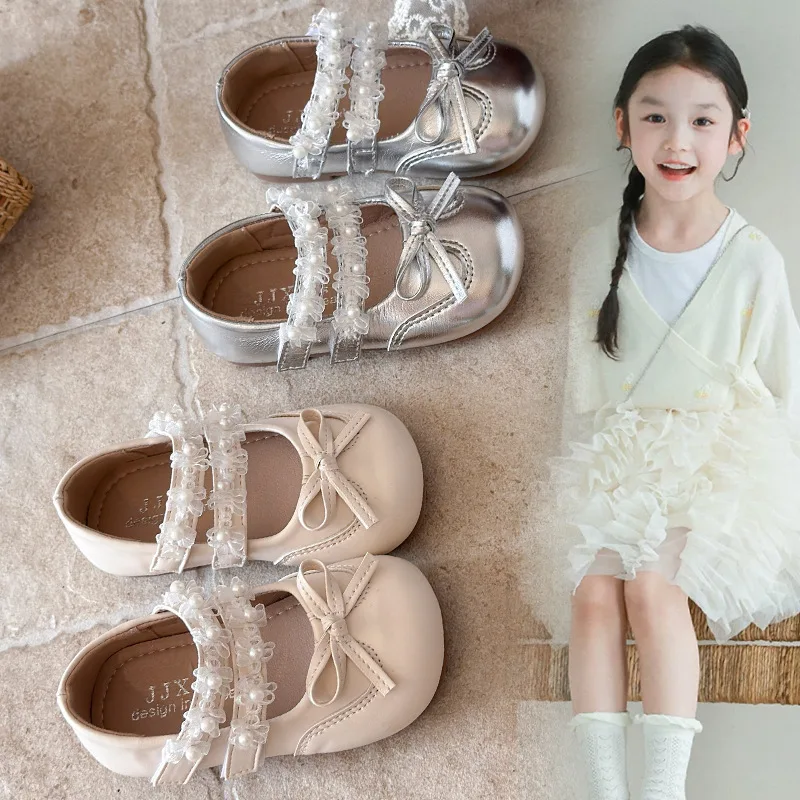 Girls PU Leather Shoes Spring Autumn New Baby Bow Fashion Princess Shoes Pearl Little Kids Soft Sole Loafer Shoes