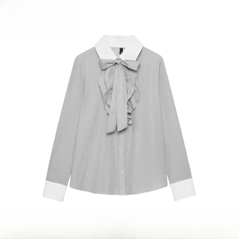 

Faionable Knot Striped Patchwork irt Women's Loose Fit Polyester Fiber Long Sve Collar Commute Sle Winter ...