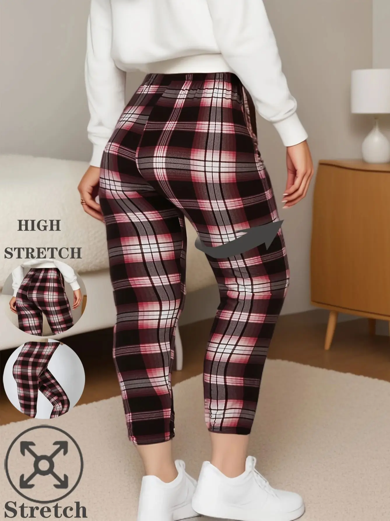 CUHAKCI Plus Size High Stretch Sexy Women\'s Tight Fitting Red And White checkered Comfortable Sports And Casual Tight Pants