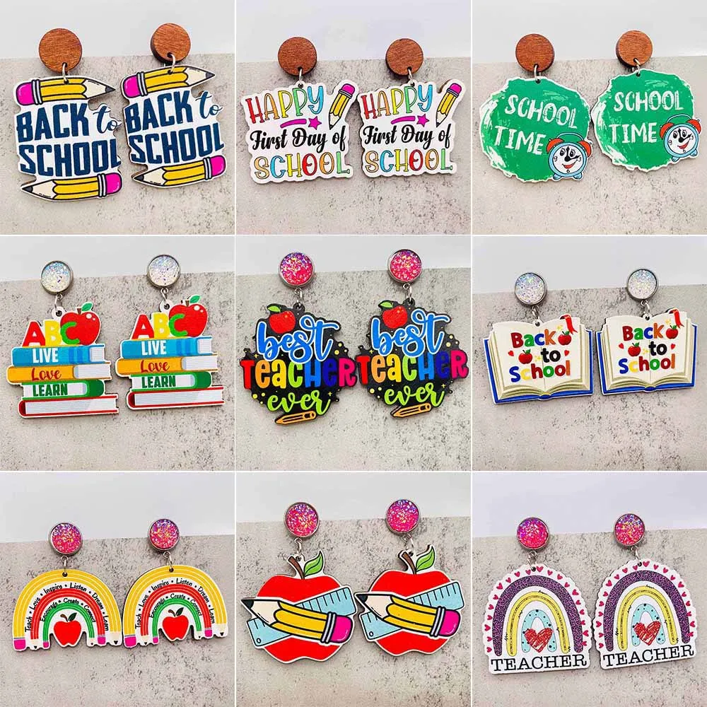 Teacher's Day Pencil Books Wooden Earrings Faceless Elderly Holding Apple Pencil Stainless Steel Back to School Season Earrings