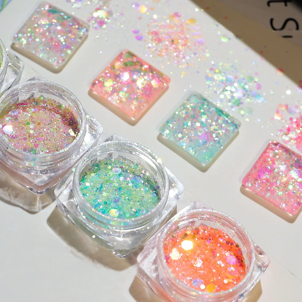 

Candy Colors Mixed Nail Art Paillette 1 Bottle Iridescent Holographic Chunky Glitter Flakes Shiny Powder Laser Nail Sequins
