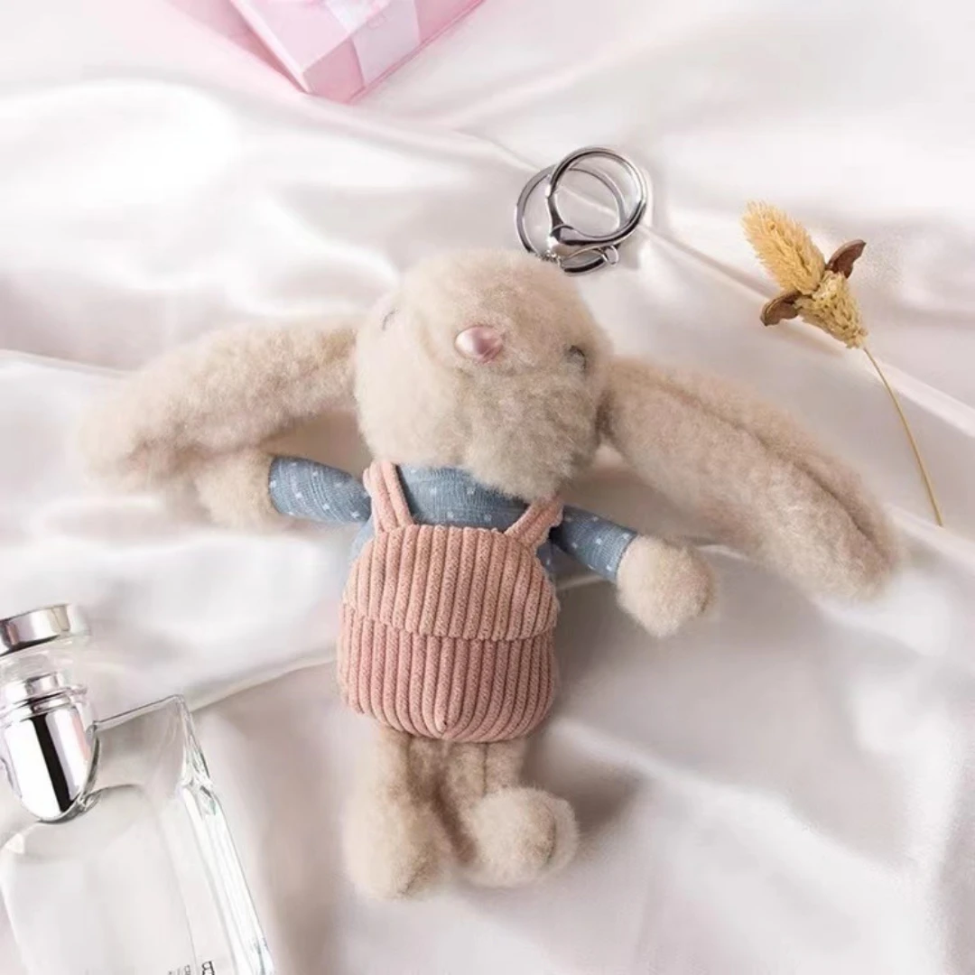 Cute Clothes Bunny Keychain Charm 16cm Plush Long-Eared Rabbit Key Chain Backpack Car Bag Decoration Car Key Ring Girls Gifts