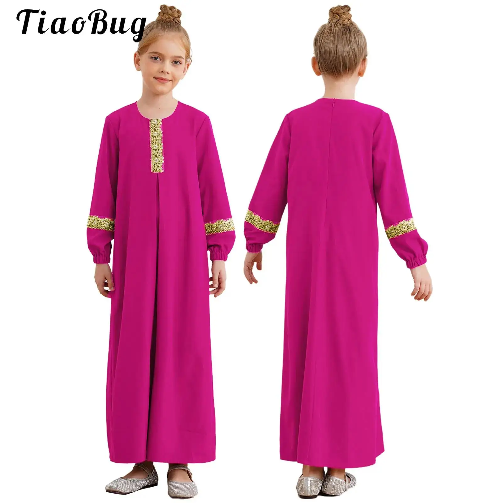 Kids Muslim Girls Abaya Prayer Long Maxi Dress Turkey Kaftan Arab Gold Embroidery Trim Robe Dubai Islam Morocco Eid Party Gown