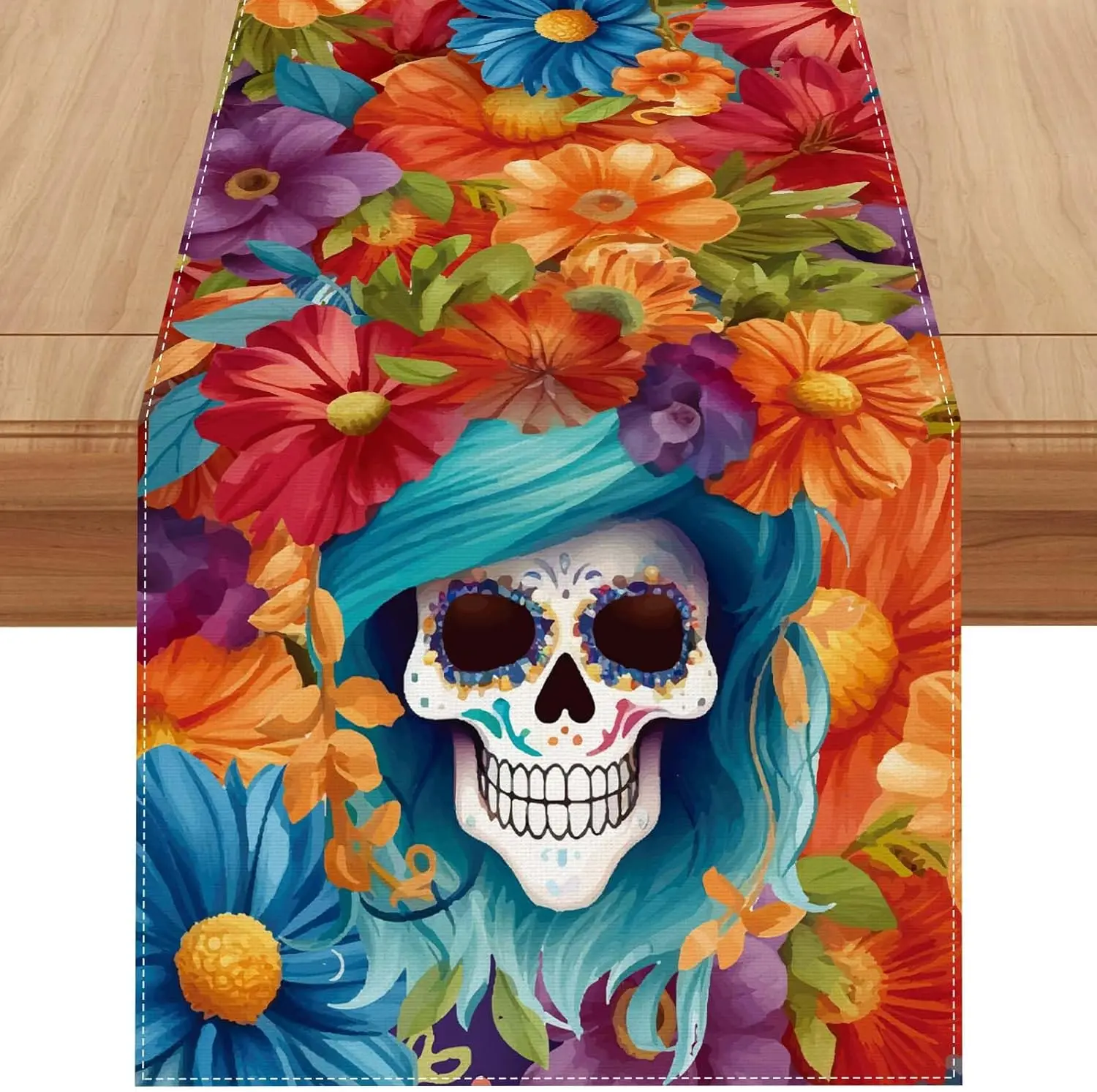 Mexican Fiesta Skull Flower Linen Table Runner Mexico Dia De Los Muertos Day of The Dead Table Runner Halloween Party Decoration