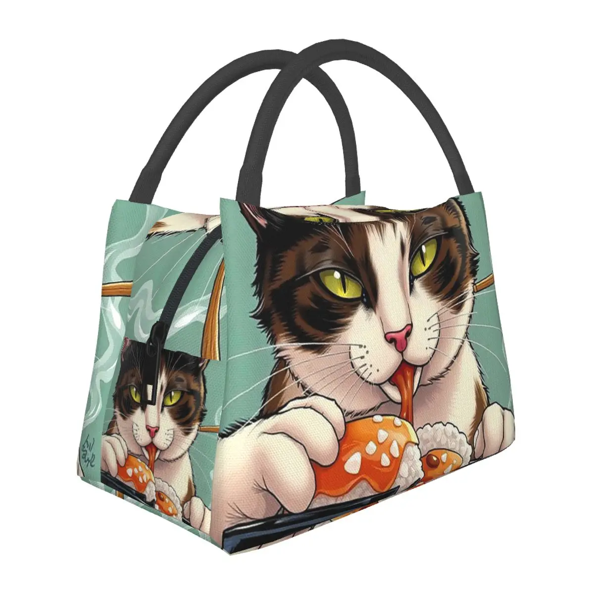 Neko Eating Sushi Cat Lunch Bags Insulated Bento Box Portable Lunch Tote Picnic Bags Cooler Thermal Bag for Woman Kids Work