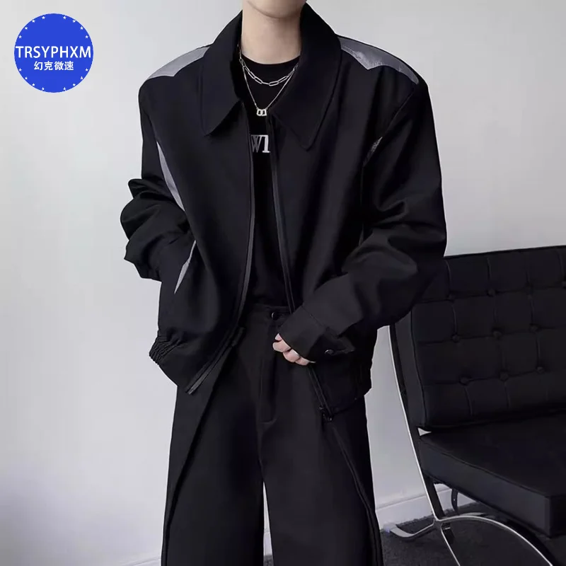 

TRSYPHXM 2024 new Black niche short lapel jacket, 2024 spring and autumn casual loose American baseball jacket for men