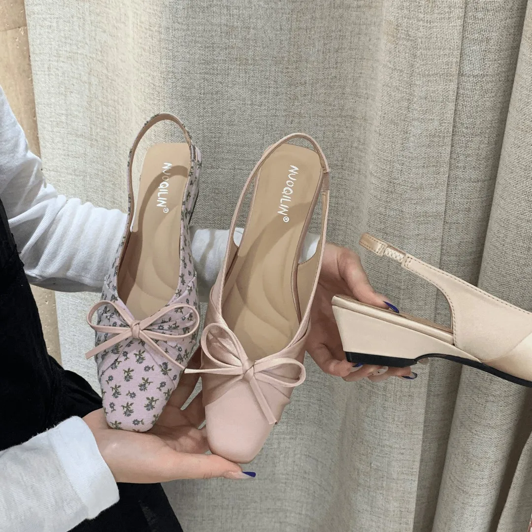 

Baotou Women's Sandals 2026 New Style, Single Strap with Bow, Square Toe, Mid Heel, Chunky Heel, Backless Shoes
