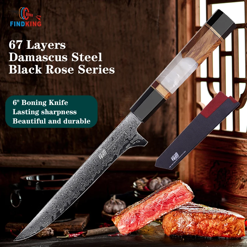 

FINDKING Knife New! Black Rose Series AUS 10 Damascus Steel Kitchen Knife Bone Cutting Fillet Fish Knives 6 Inch Boning Knife