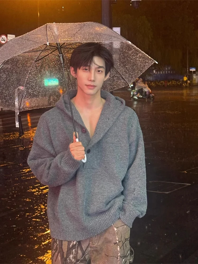 

American Retro Hooded Sweater Men's Winter Lazy Sle High-End Feeling Button Loose Knitted irt Boys' Woolen Sweater