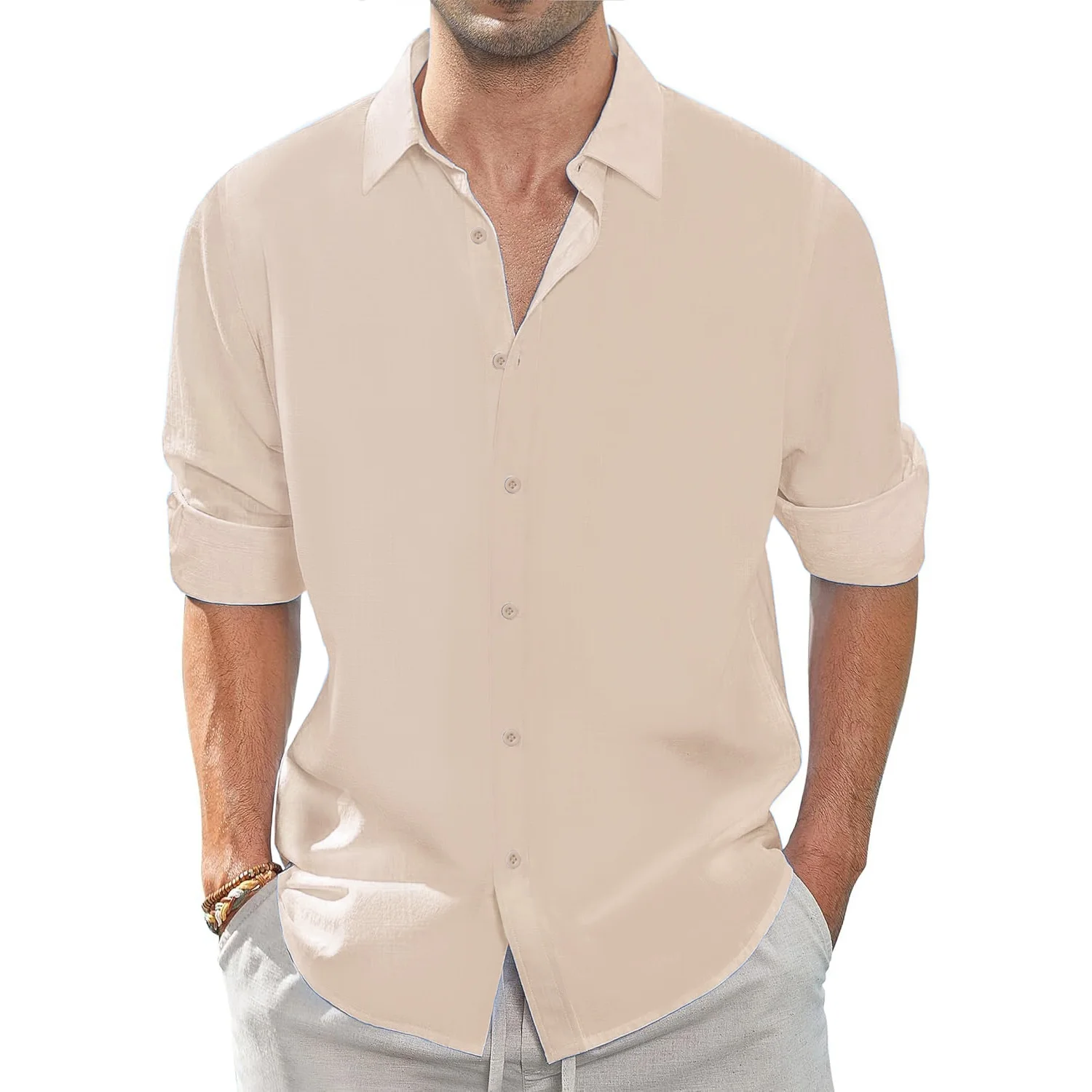 

Spring Summer Long Sleeve Shirt for Men Solid Color Casual Dailywear Lightweight Comfortable Lapel Tops Vacation Shirts