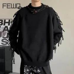 FEWQ Winter Tassel Design Pleated Round Neck Men's Knitted Sweater Loose Thick Solid Color 2024 Casual Male Pullover 24E5121