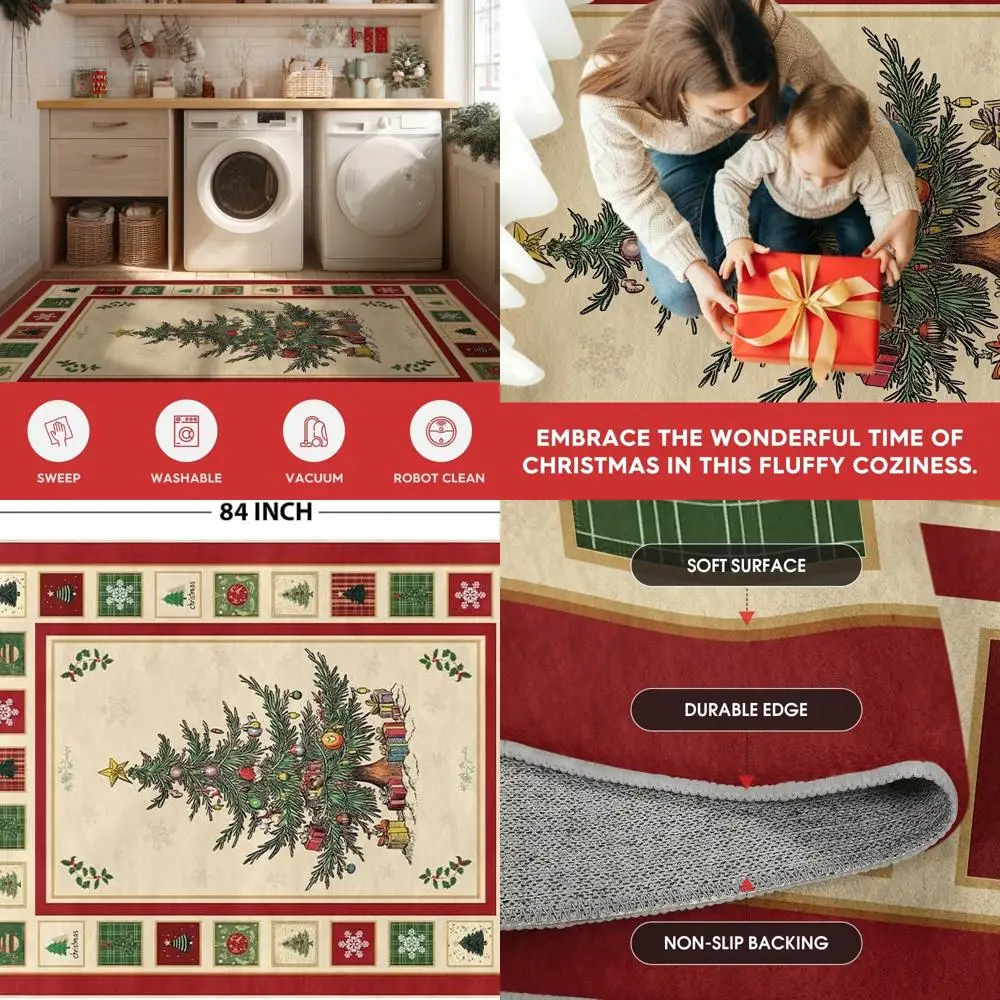 

Merry Christmas Beige Area Rug - Low Profile, Non-Slip, Washable for Home Decor, 5x7 Feet