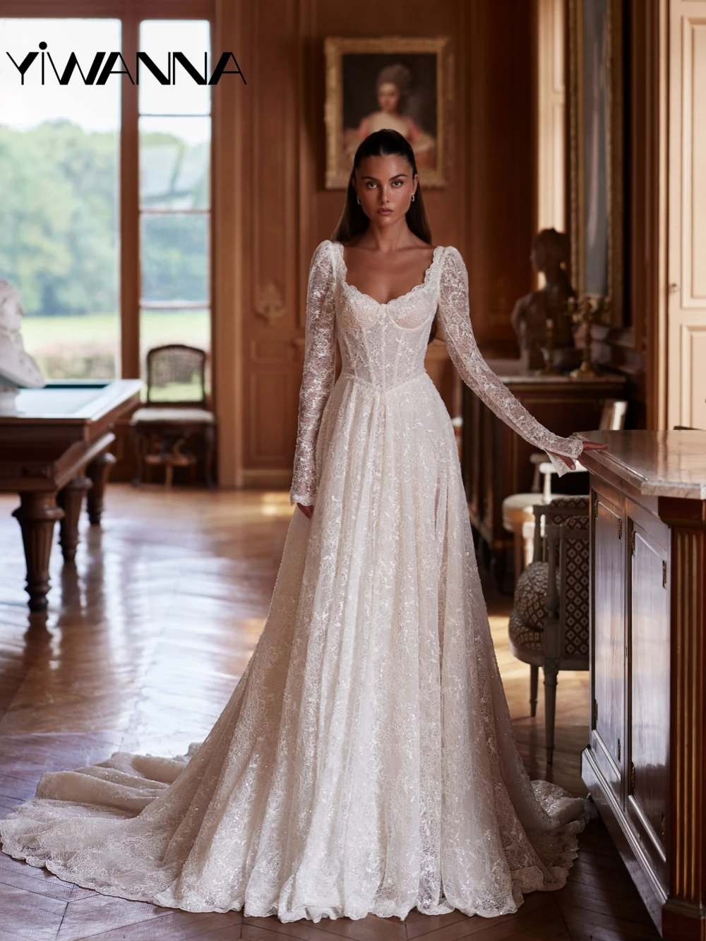 

Gorgeous Beaded Lace A-line Wedding Dress Modest Long Sleeve Bridal Gown Customized Dreamy Sweetheart Neck Dresses For Bride