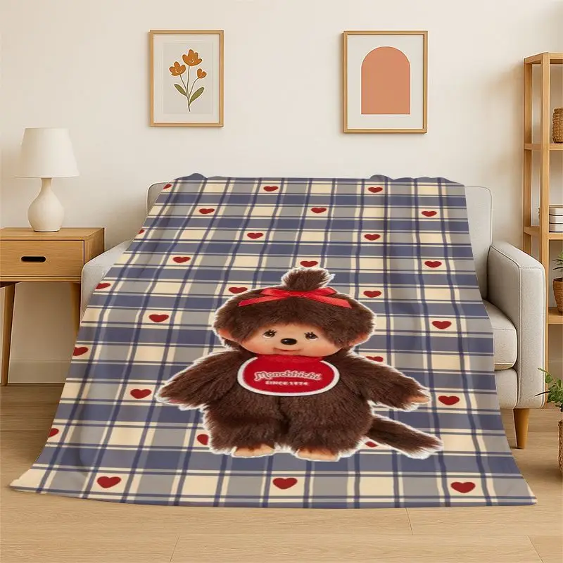 HD M-Monchhichi Cute Cartoon Monkey Holiday Flannel Blanket Soft Throw Blanket for Bedroom Living Room Bed office Picnic Gift