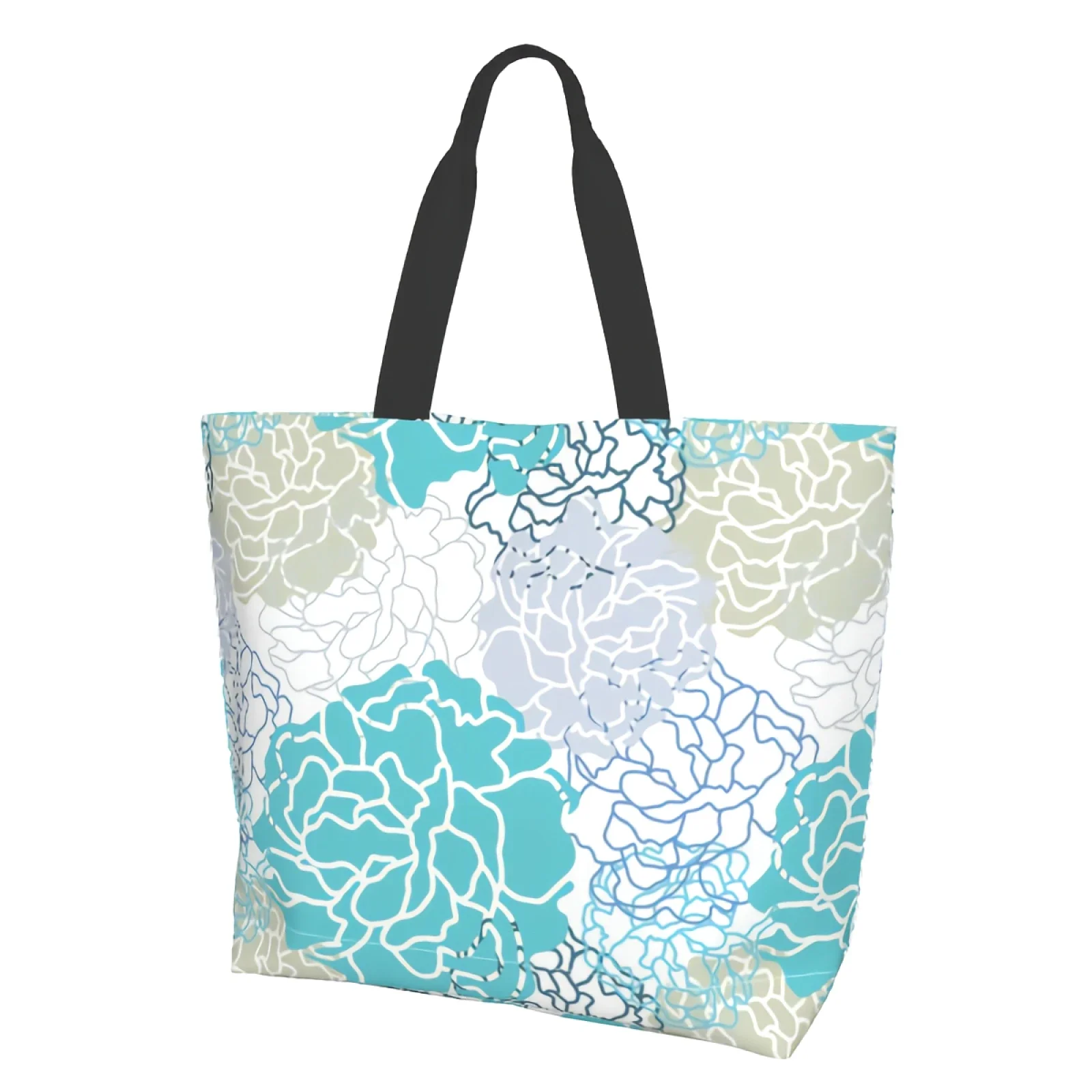 Abstract Blue Grey Flower Dahlia Botan Floral Bright Color Canvas Tote Bag for Women Weekend Kitchen Grocery Bags