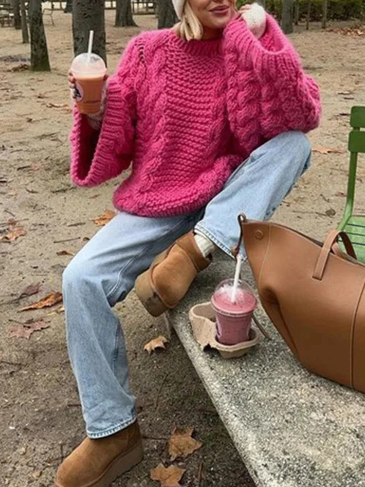 VGH Solid Loose Minimalist Vintage Sweater For Women Round Long Sleeve Knitting Pullover Sweater Female Fashion New Autumn 2024