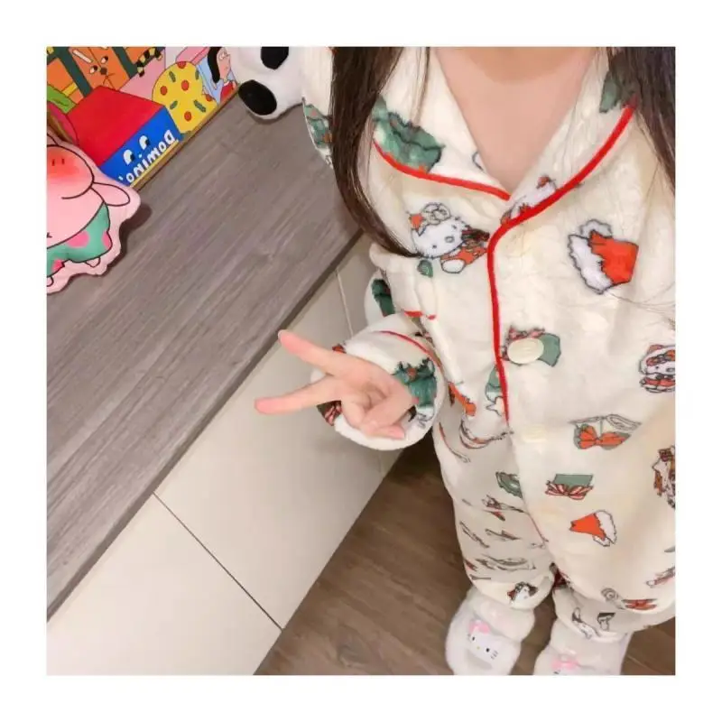 Sanrio Female Flannel Thickening Long Sleeves Leisure Wear Winter Kawaii Hello Kitty Comic Student Keep Warm Pajamas Christmas