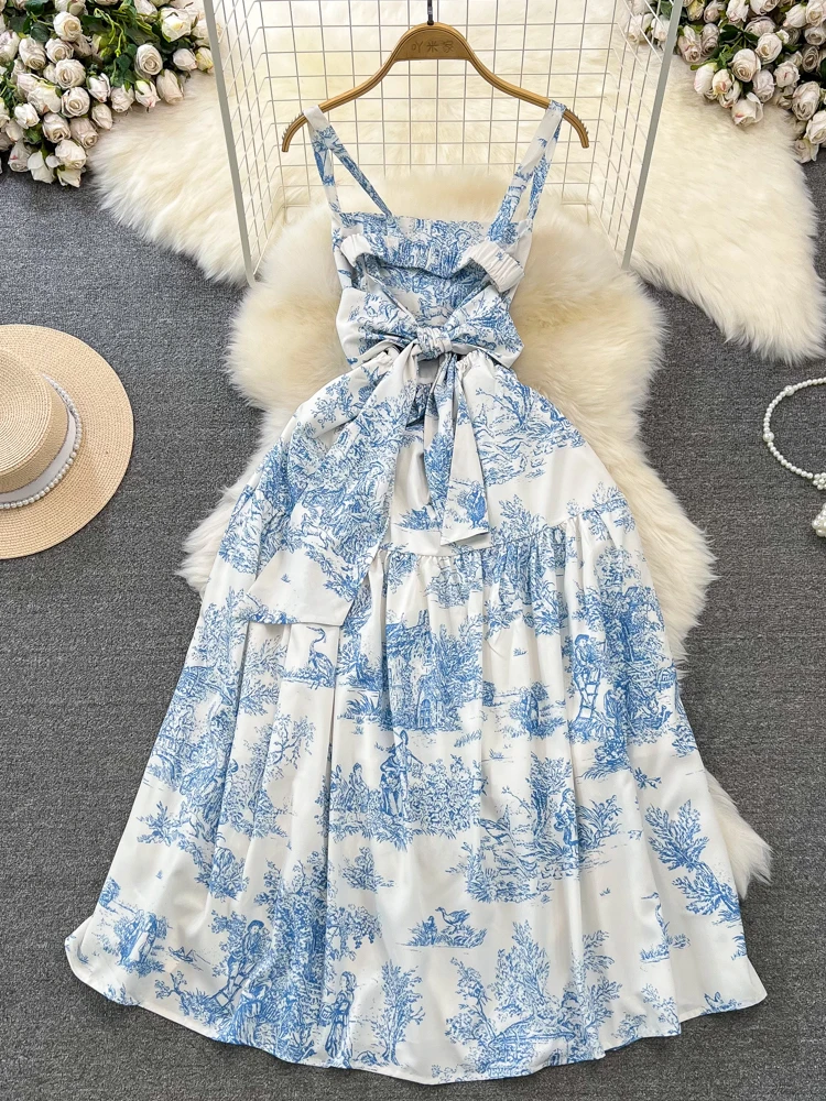 French Blue Floral Dress Women Sexy Backless Bow Printed Long Dresses Ladies Summer Vintage A-line Beach Dress Vestidos