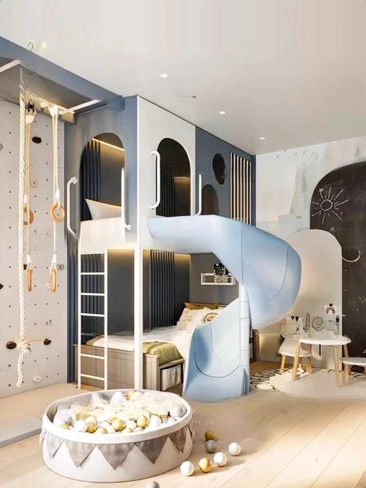 tempat tidur susun dua tingkat dari kayu solid, tempat tidur susun dengan seluncuran putar 1 meter 2 tempat tidur susun