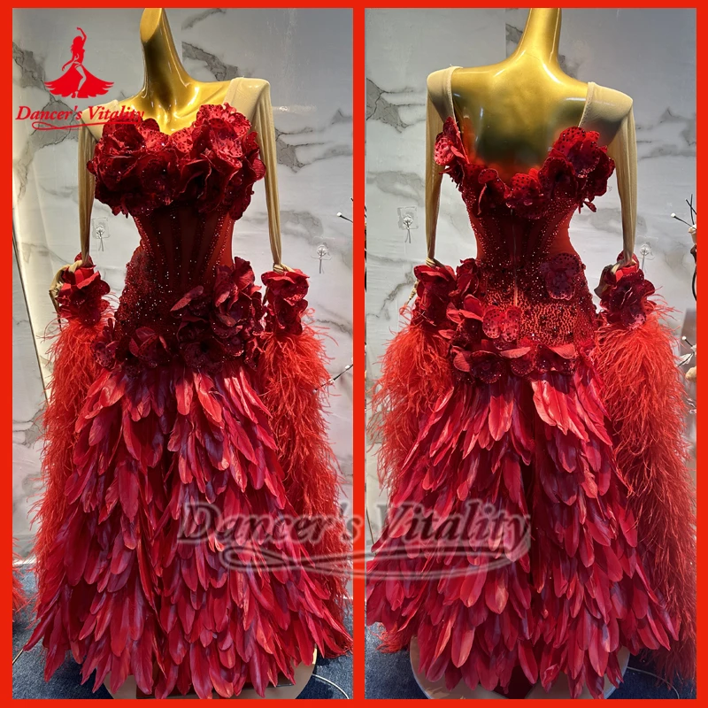 Adult Waltz Three-D Flower Feather Style Competition Dresses Customized Female Ballroom Dance Perform Clothing Dancer's Vitality