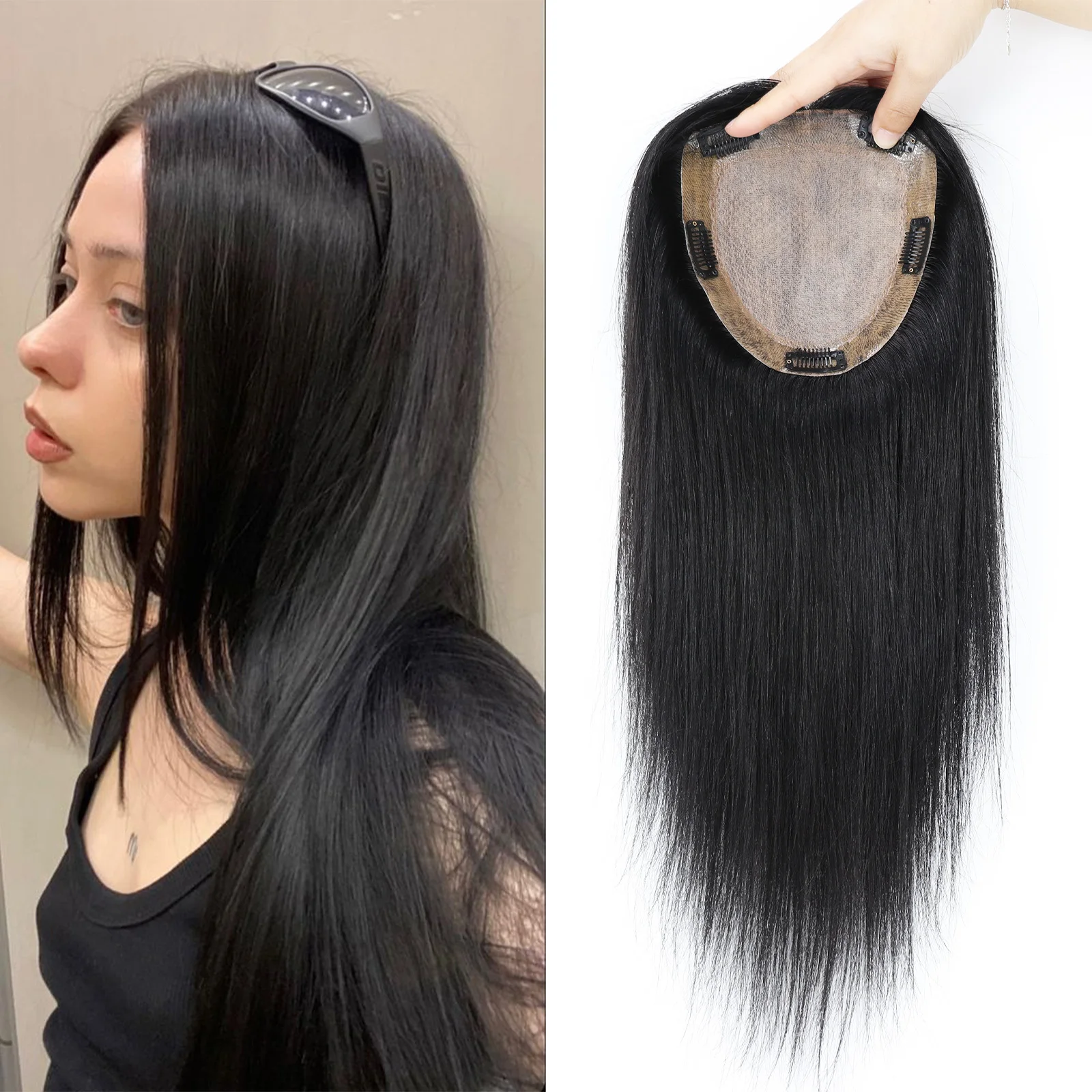 Topper van echt haar Zijdebasis Echt maagdelijk Europees haar Recht Gitzwarte huidbasis PU rond met clips in voor dames