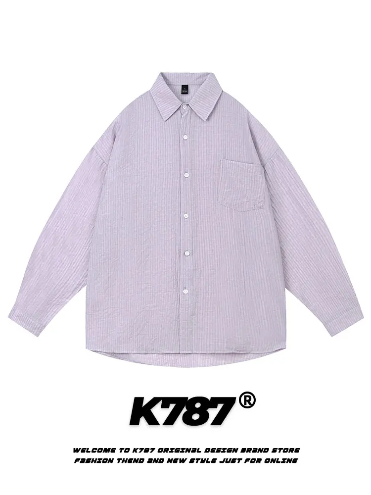 

K787 American Retro College Sle Long Sve Striped irt ex Casual Spring Couple Tops Loose Fit Iron Free Polyester Blend