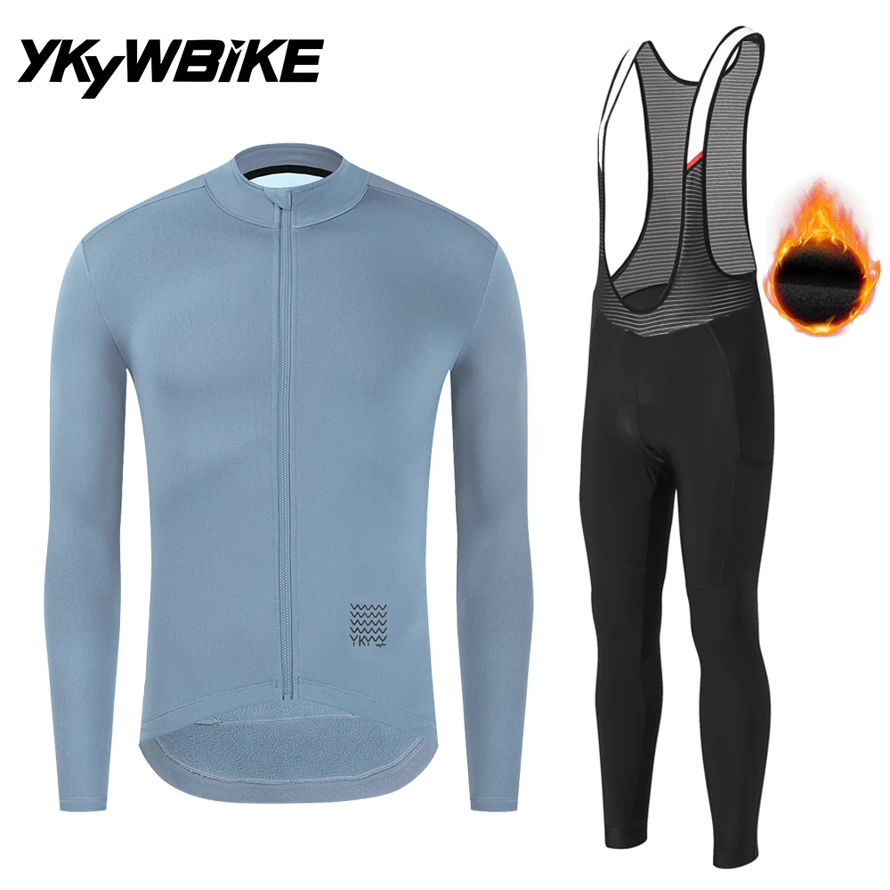 YKYWBIKE Men Winter Fleece Cycling Suit Long‑Sleeve Jacket & Bib Tights Road Mountain Bike Clothing for 6 Hours Riding