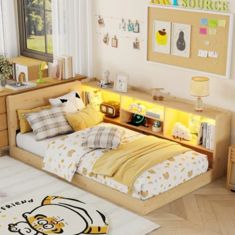 Size Corner Bed Frame with Storage Shelves, Bookcase and Headboard, L-Shaped Daybed Frame Wood Platform Bed with Charging Stati
