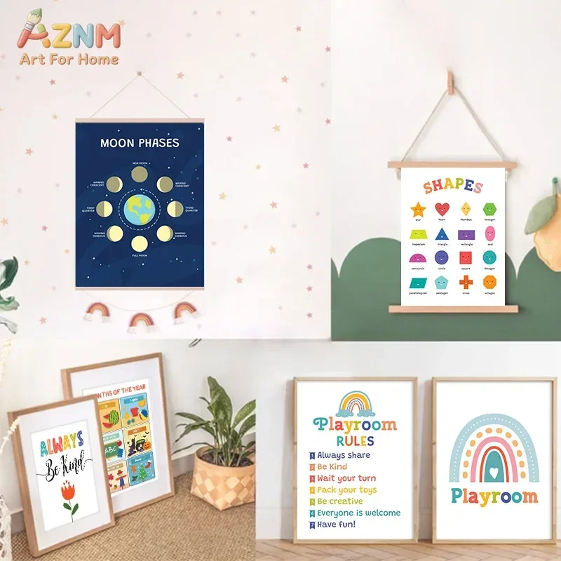 AZNM Educational Solar System Months Seasons Wall Art Canvas Print, Kids Learning Poster Frameless Decor for Classroom Nursery