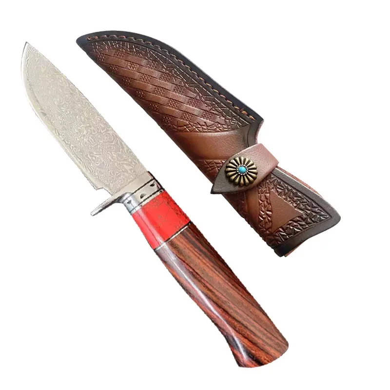 

Damascus Steel + VG10 Handmade Hunting Knife Tactical Military Sandalwood Handle Fixed Blade Knife Hand Tools with Leather Case