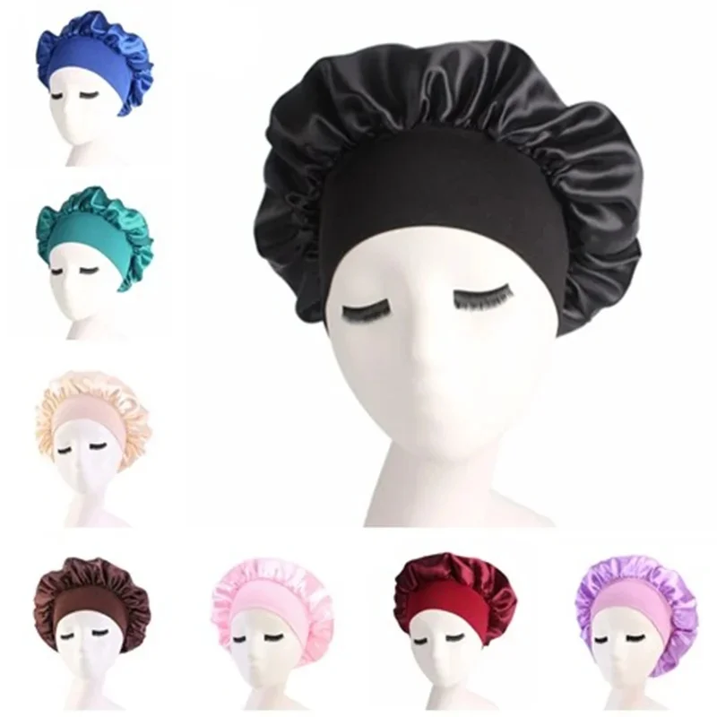 1/2/3/4Pcs Unisex New Satin Solid Wide Brim Sleeping Bonnet Elastic Hair Care Night Hat Skullies Beanies Head Wrap Cap