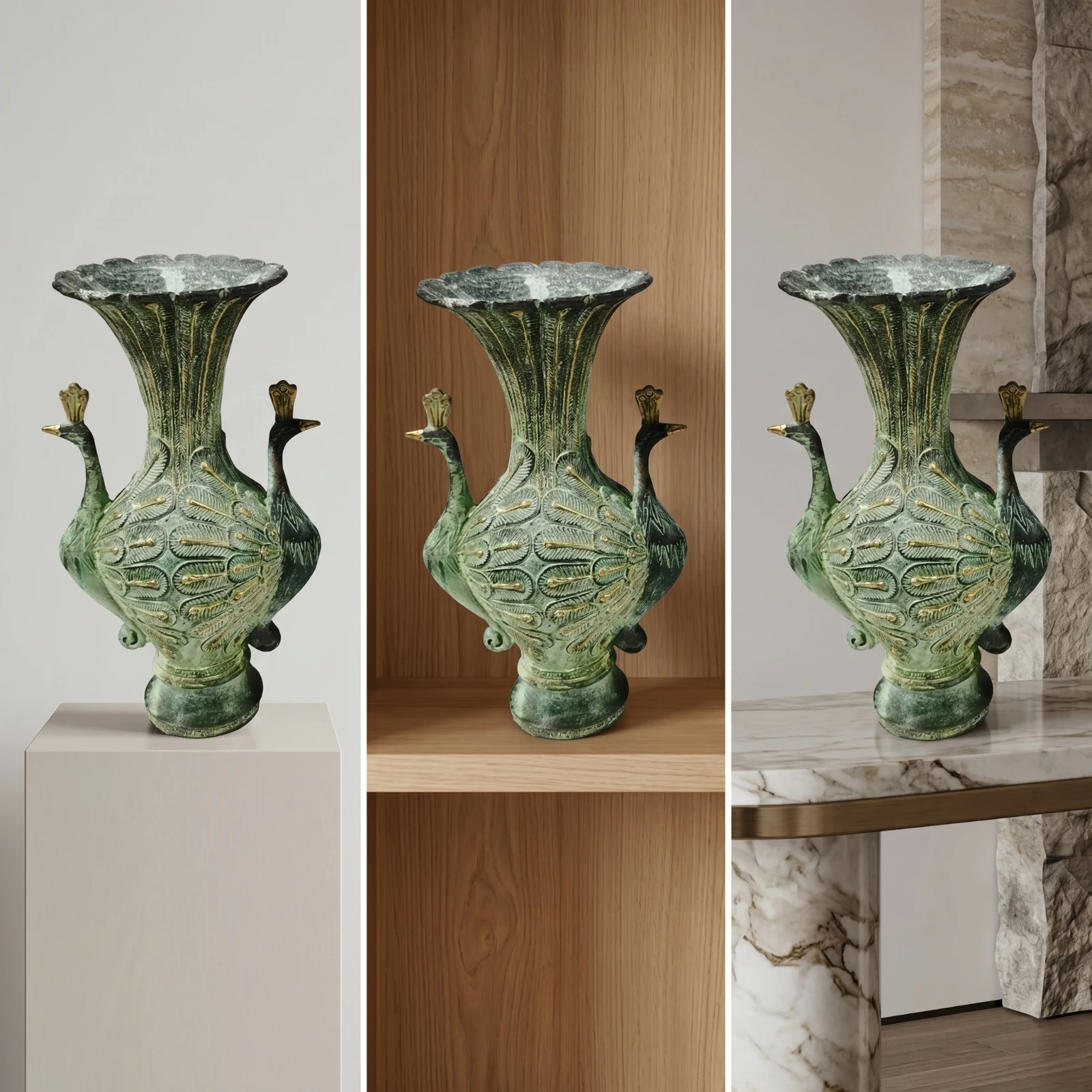 Phoenix Handle Vase Distressed Scalloped Mouth Vase Urn Sculptural Ornate for Shelf, Entryway