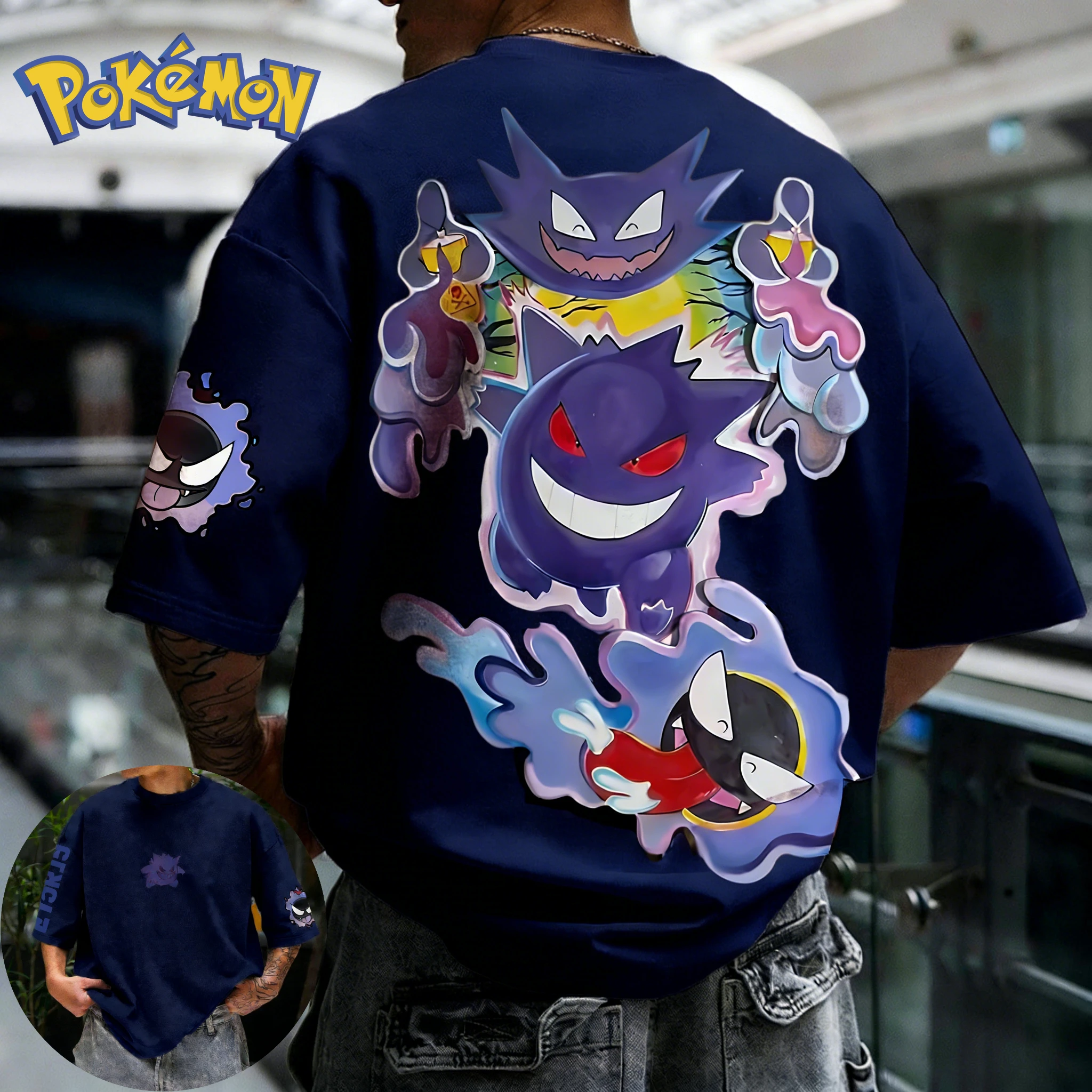 

Pokémon Ghost Elf Colorful Graffiti Retro T-shirt Tide-painted Print 2026 Summer Men's Women's Short-sleeved Parent-child Top