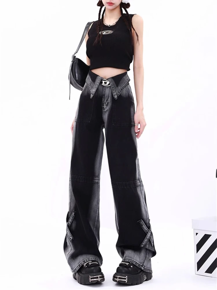 Graduated Grey Black Wide Leg Jeans Women's Autumn plus Size New Style Large Straight Long Pants High Waist Denim Flip 