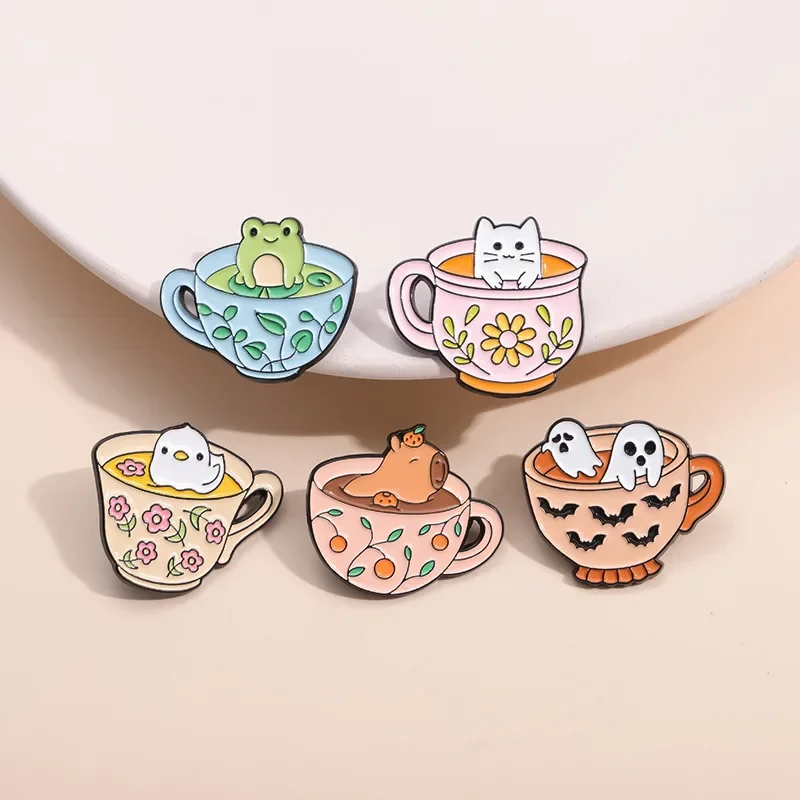Funny cat frog playing in cup Enamel Pin Brooch Cartoons Badge for Bags Jeans Hoodies Denim Lapel Pin Jewelry Kids Best Gift