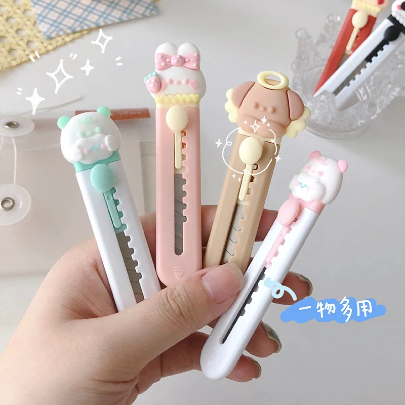 Kawaii Cartoon Animals Mini Ulity Knife Box Cutter Pocket Stretch Paper Cutters School Office Letter Opener Student Art Supplies