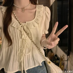 Ruffles Cute Peter Pan Collar Tops Blouses New Design 2023 Summer Women Chic Korea Casual Japan Girls Bow Tie Blouses