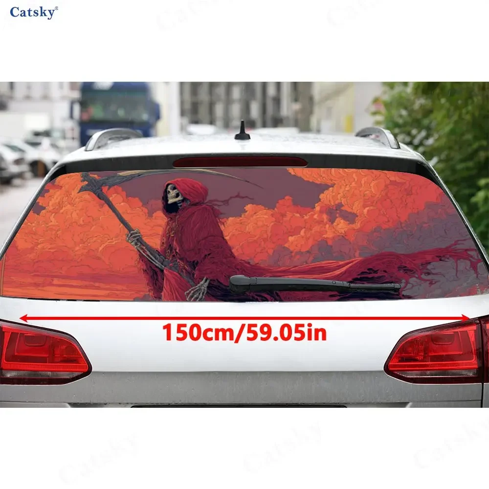 Fiery Red Reaper Dominance Scene PVC Perforated Car Vinyl Wraps, Durable Car Rear Windshield Sticker, Waterproof Car Rear Window