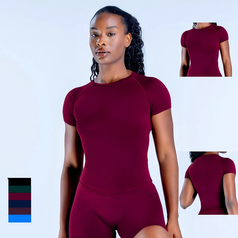 

Women's Gym Yoga T-Shirt Short Sleeve Top Set Outdoor Sports Workout Fitness Active Wear Outfit Impact Scoop Back Bra Short Sets