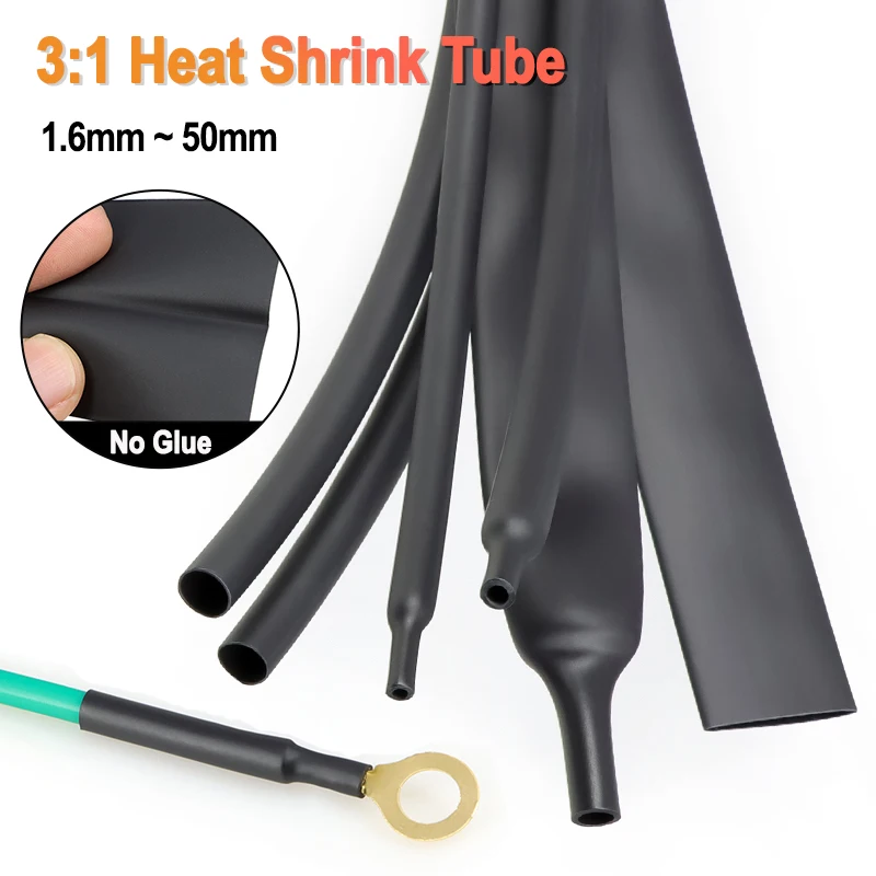 1-10m 3:1 No Glue Heat Shrink Tube Black Diameter 1.5mm ~ 50mm Waterproof Polyolefin Cable Sleeve For Electrical Wire Insulation