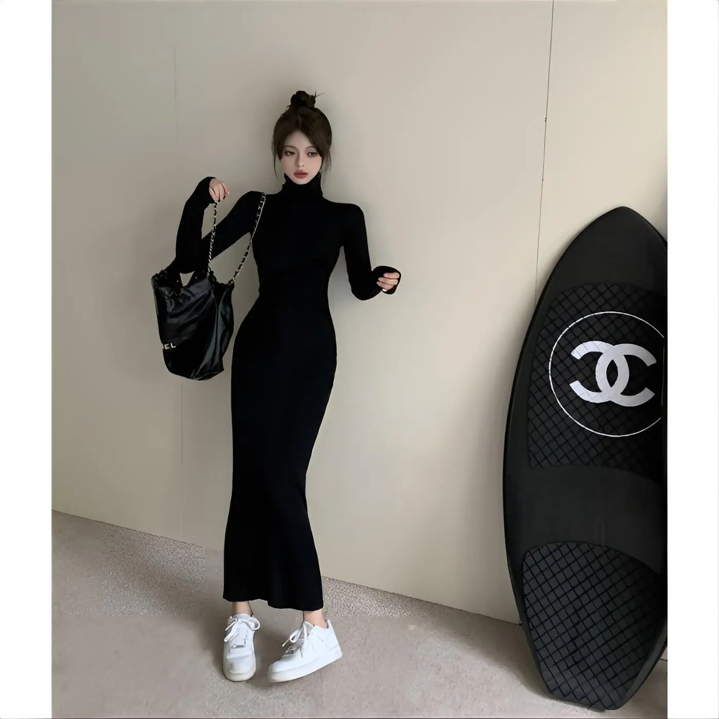 Jersey hasta la rodilla, suéteres de moda, jerséis para mujer, estampado medio abierto, Hottie Moda Illusion, giro de tres botones, moda fina