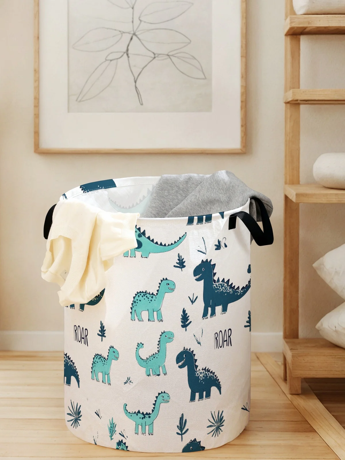 Dinosaur pattern printed circular storage box, suitable for storing clothes and books, convenient for laundry baskets