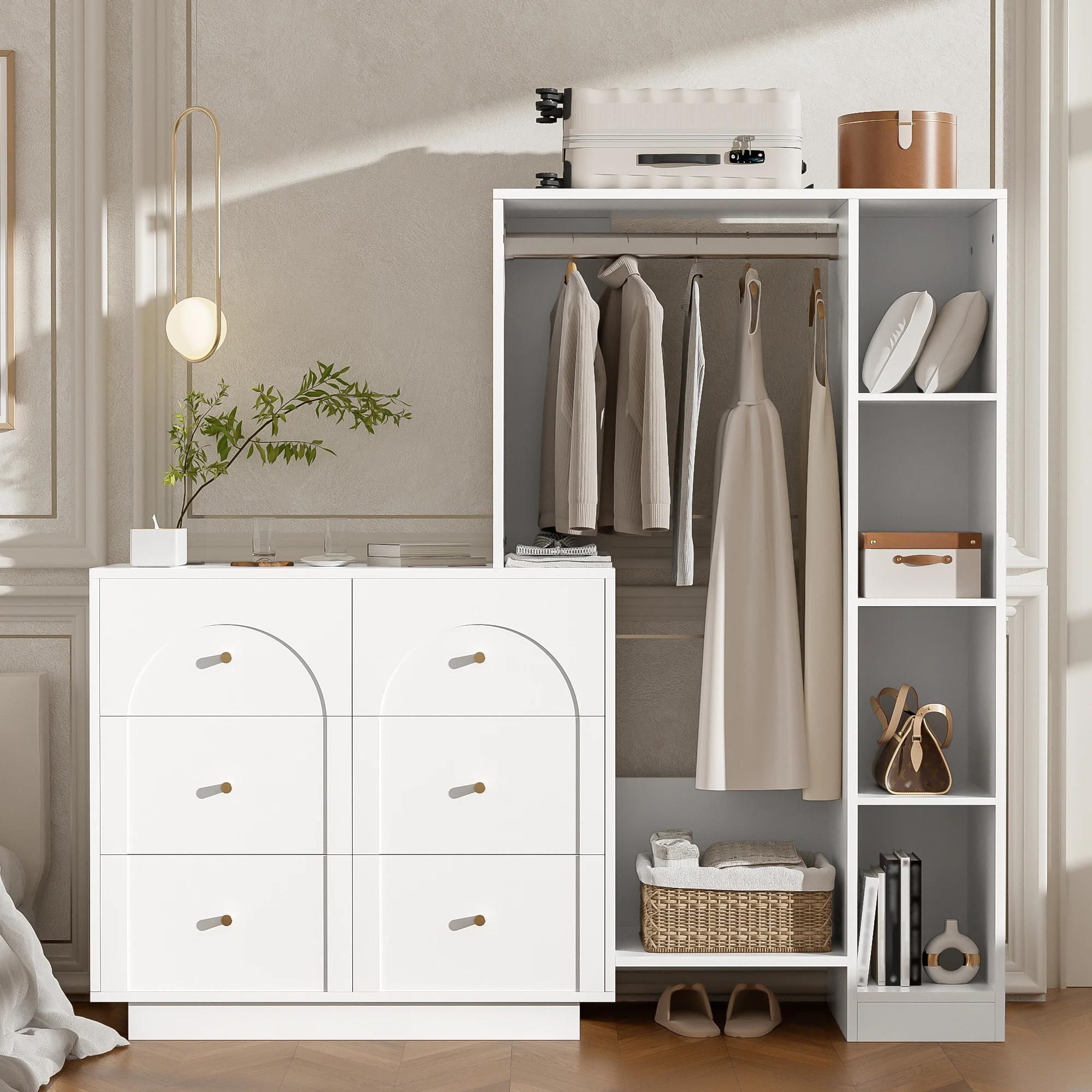 Armoire moderne multi-usage avec penderie ouverte, 6 tiroirs et étagères latérales, meuble de rangement pour chambre à coucher avec barre de suspension, finition blanche avec poignées dorées, construction en aggloméré et métal, conception anti-basculement.